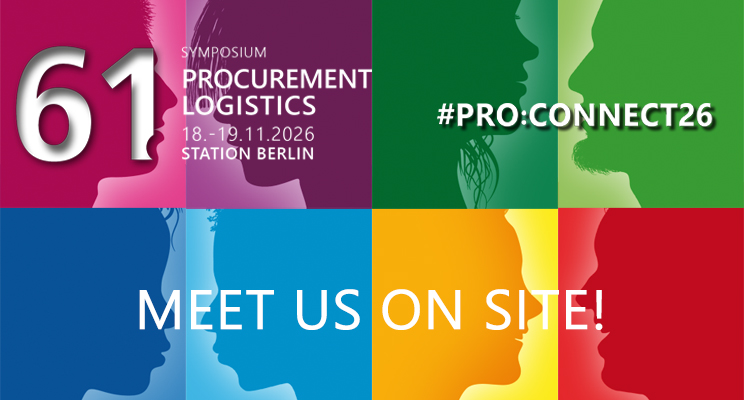 Diseño gráfico para el 61.º Simposio de la BME sobre Compras y Logística (18-19 de noviembre de 2026, STATION Berlín) con el título „#PRO:CONNECT26“, el lema „¡VEN A VERNOS ALLÍ!“ y siluetas de cabezas de colores y estilizadas de perfil.