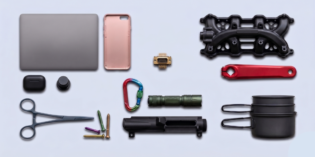 Diversos componentes y productos anodizados y anodizados de aluminio y titanio: carcasas de ordenadores portátiles, cubiertas de smartphones, bielas de bicicletas, mosquetones, instrumentos quirúrgicos, tornillos, sopletes, colectores de admisión, utensilios de cocina y conectores electrónicos.