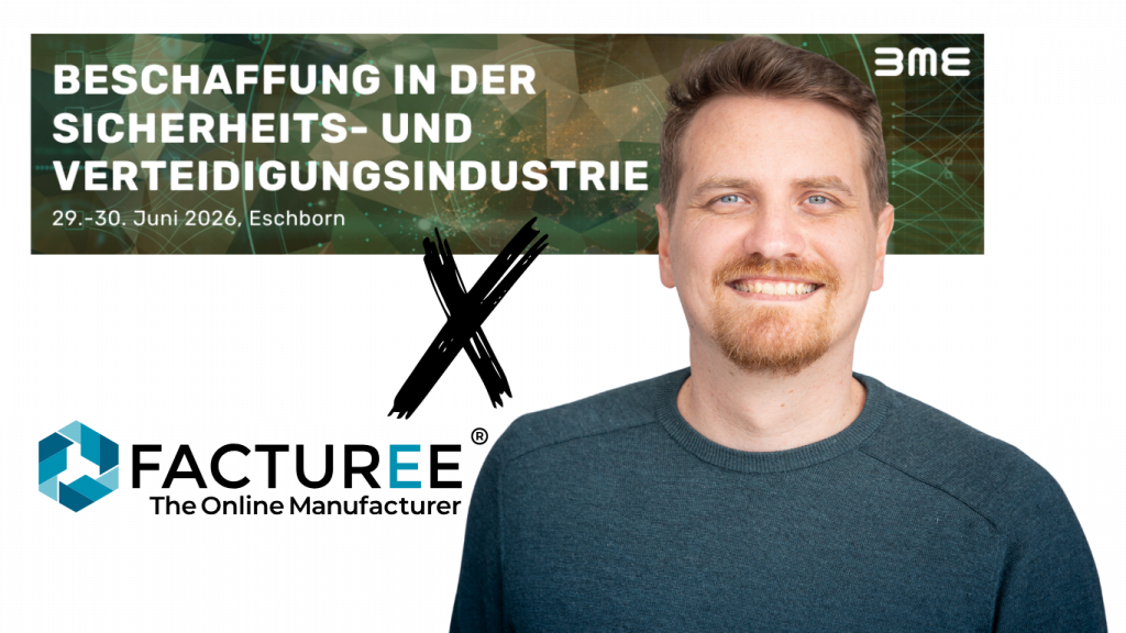 Portrait photo of Billy Schulz, Head of Operations, in front of a black background with the banner of the BME Network Meeting Defence 2026. The Facturee logo and the letter „E" in turquoise at the bottom left.