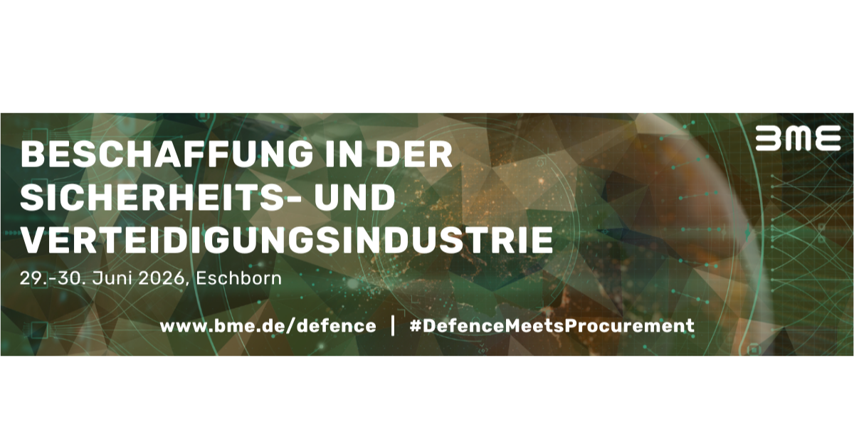 Banner des BME Netzwerktreffen Defence 2026. Auf dunkelgrünem, technisch gestaltetem Hintergrund mit Radar- und Netzwerkmotiven der Text: „Beschaffung in der Sicherheits- und Verteidigungsindustrie, 29.–30. Juni 2026, Eschborn" sowie die Website www.bme.de/defence und der Hashtag #DefenceMeetsProcurement. Oben rechts das BME-Logo.