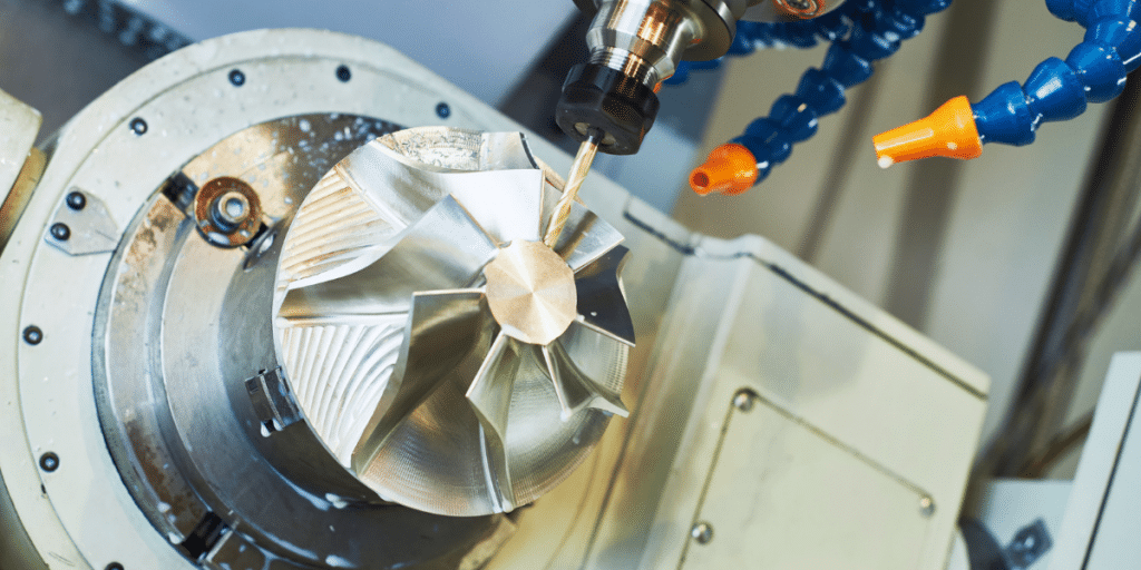 Fresatura CNC a 5 assi di una girante in alluminio: una punta a spirale lavora le pale della girante, fresate con precisione, mentre gli ugelli di raffreddamento (blu/arancione) raffreddano la zona di lavorazione.